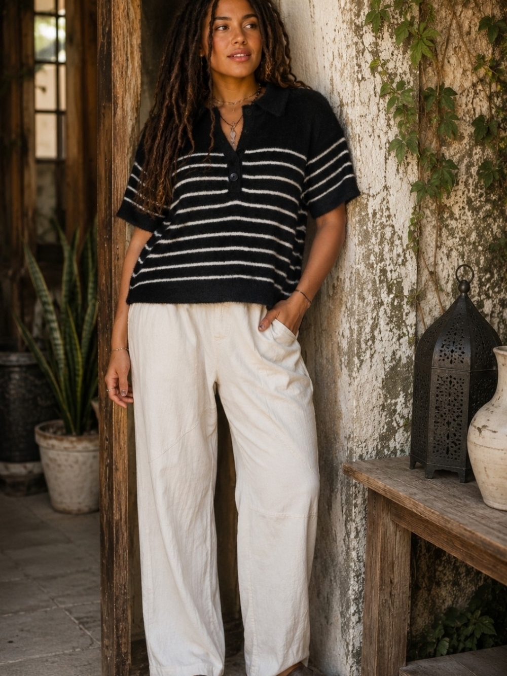 4/$15 Striped Fuzzy Polo Lightweight Sweater Black & White NWT Boho Vibe